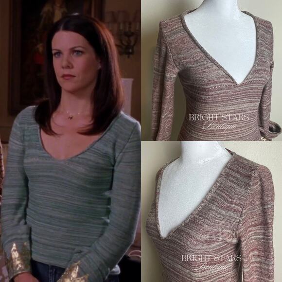 Brown Sweater Long Sleeve Gold Foiled Fold Back Cuffs ALT ASO Monica Lorelai - Picture 3 of 10